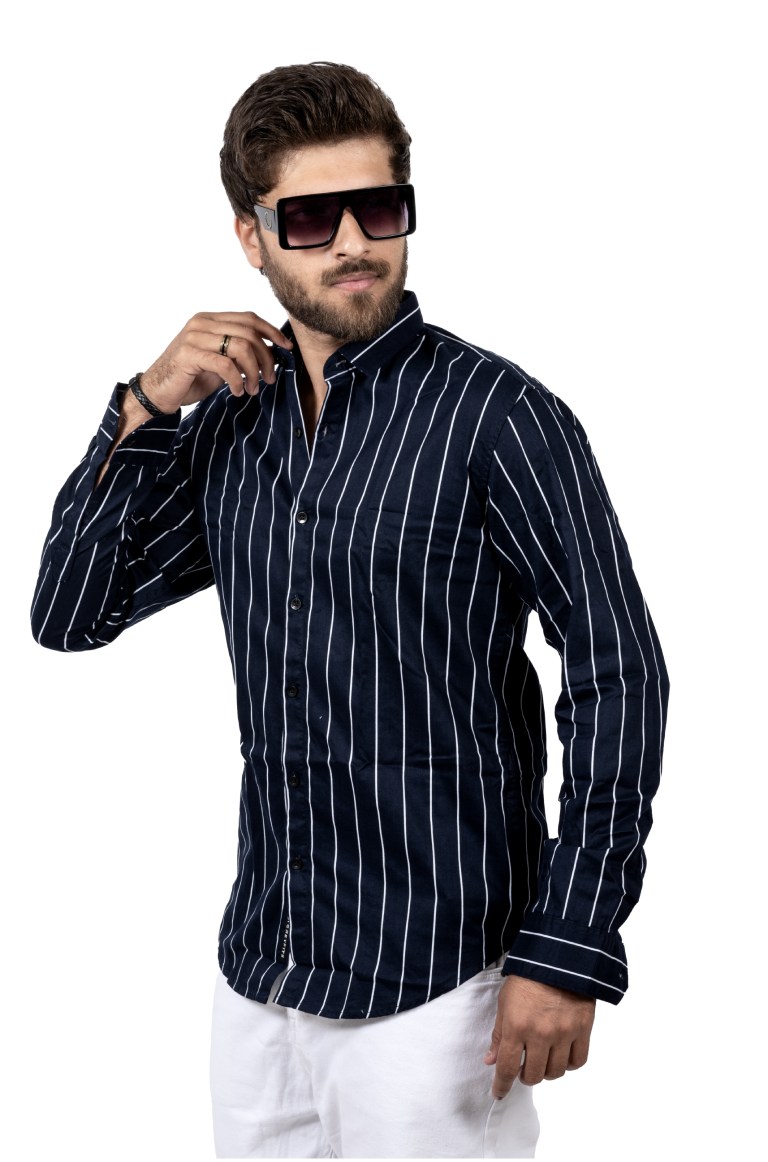Casual Navy Blue Striped Shirt